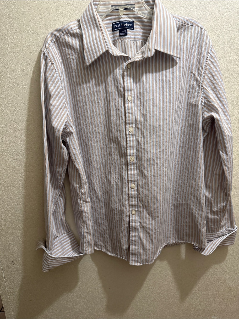 Paul Fredrick Men’s Cream and Tan Striped Dress Shirt